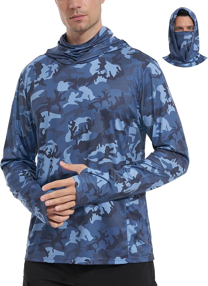 FISHEAL Men's Performance Fishing Hoodie Shirt - UPF 50+ Sun Protection Long Sleeve Thumbholes Shirts with Neck Gaiter