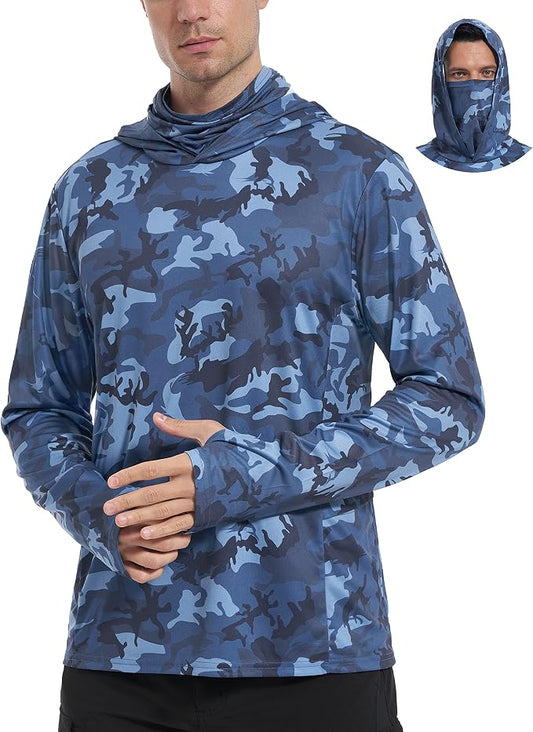FISHEAL Men's Performance Fishing Hoodie Shirt - UPF 50+ Sun Protection Long Sleeve Thumbholes Shirts with Neck Gaiter