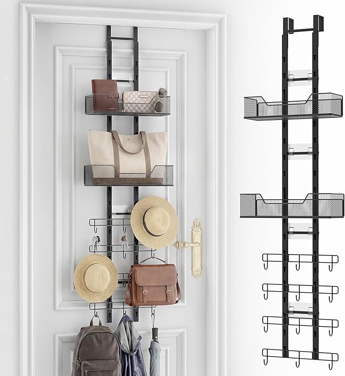 Purse Organizer, Bag Organizer for Closet Door, Over The Door Hanging Handbag Storage Rack with Adjustable 12 Metal Hooks & 2 Baskets, Foldable, No Tools Installation