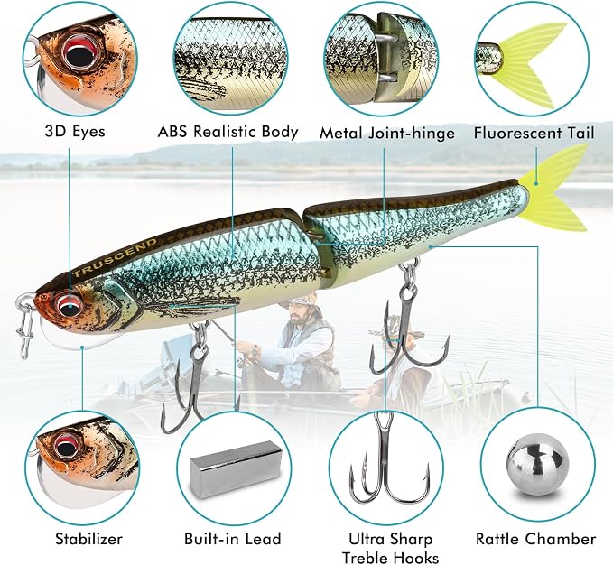 TRUSCEND Swimmax Easy Catch Fishing Lures with BKK Hooks, Wiggling, Vibrating, Rattling and Gurgling for More Bites, Heavy-Duty Dyneema Fiber Jointed Swimbaits for Bass, Trout, Crappie, Walleye, Pike