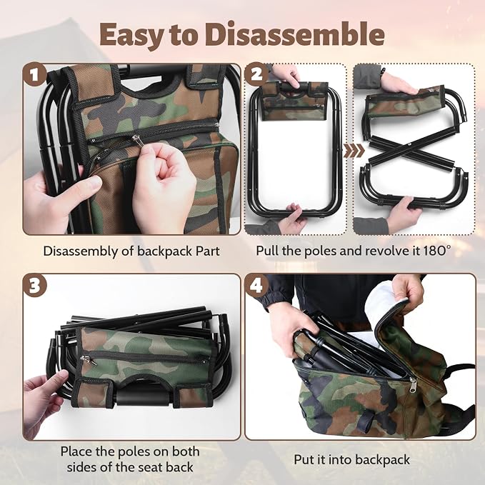 Folding Camping Chair Stool Backpack with Cooler Insulated Picnic Bag, Portable Hunting Fishing Multifunction Chair for Outdoors Hiking Hunting Travel (Camouflage)