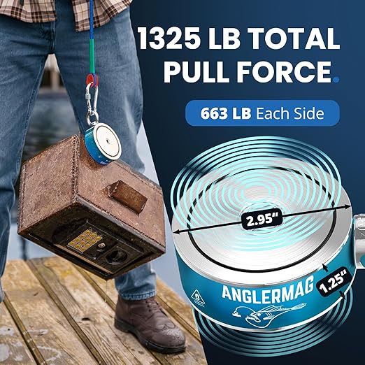 AnglerMag Magnet Fishing Kit - 1325 lbs Double Sided Neodymium Magnetic Fishing Stuff with Rope - 10 PCS Extra Strong Complete Gift Set with eBook, Carabiner, Gloves, Grappling Hook & Carrying Bag