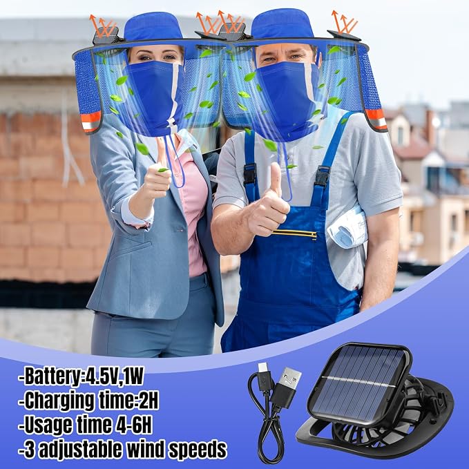 Solar Hat with Fans, Wide Brim Cooling Sun Hat with Removable Dual Fans USB Charging Neck Cover for Outdoor Fishing