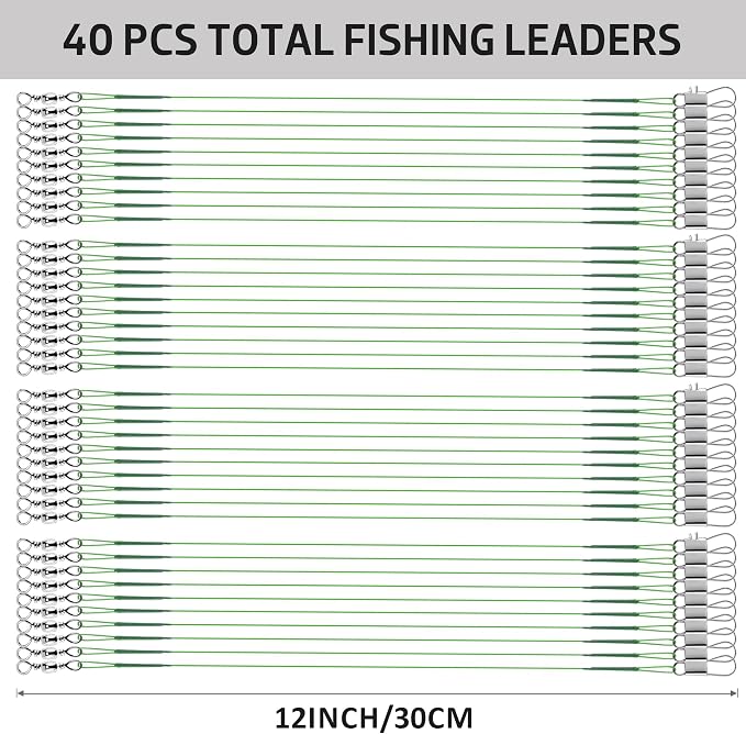 40Pcs Anti-Bite Wire Leaders – Multi-Strand Stainless Steel Fishing Leader Line with Swivel Snap for Lures Bait Rigs Hooks Pike Bass 8in 10in 12in