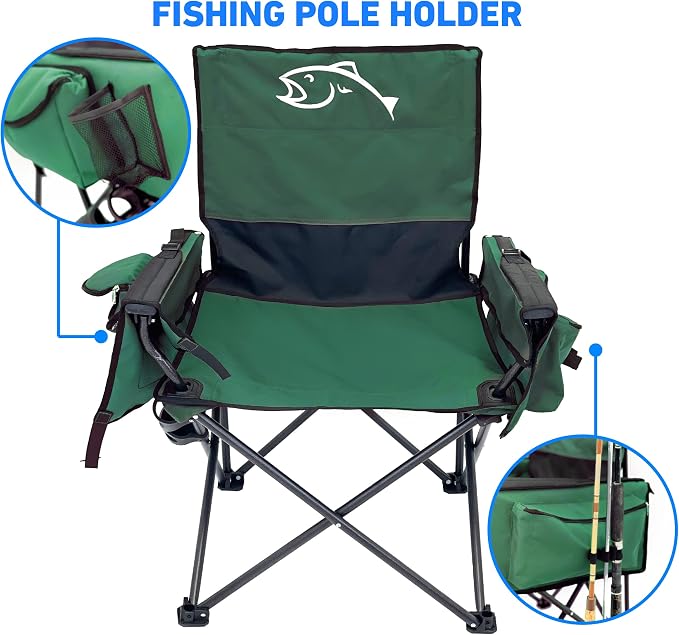 EASYGO PRODUCTS Fishing Chair with Rod Holder – Built in Cooler – Hands Free Fishing Pole Holder - Storage Pouch – Full Size Portable & Folding – Ruler for Measuring Fish, Fishing Chair Green
