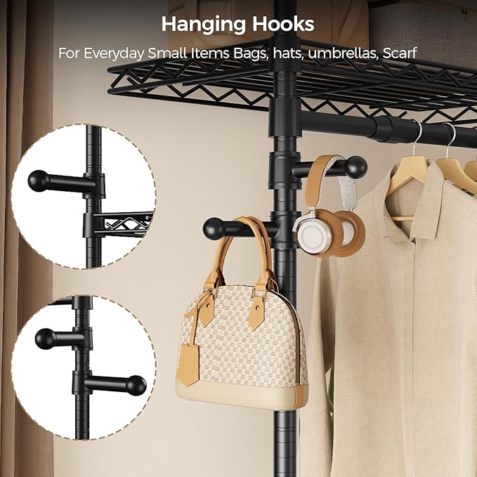 Closet Organizers and Storage, 5-Row Heavy Duty Clothes Rack for Hanging Clothes, Wall Mounted Closet System with 4 Telescopic Rods, 3 Fixed Rods, 6 Hooks, 8 Shelves for Wardrobe, Bedroom, Small Space
