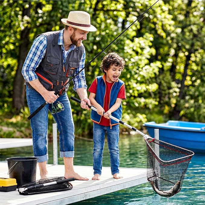 ZENFUN 2 Pack Fishing Net with Telescopic Pole Handle, Fish Landing Net with Sturdy Collapsible Handle, Folding Nylon Mesh Landing Net for Saltwater and Freshwater, Extend to 51 in(Black, White)