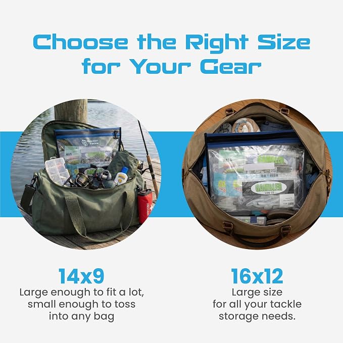 Reaction Tackle Waterproof Clear Tackle Bags, Dive Rated Zipper Submersion Proof Storage for Soft Plastics and Lures, Gusseted and Flat for Boats and Kayaks (2-Pack)