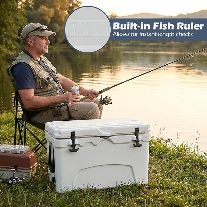 Goplus Hard Cooler, Insulated Ice Chest w/Portable Handles, Cup Holders, Ruler, Bottle Opener, 6 Day Ice Retention for Drink, Beverage, Camping, Fishing, Beach