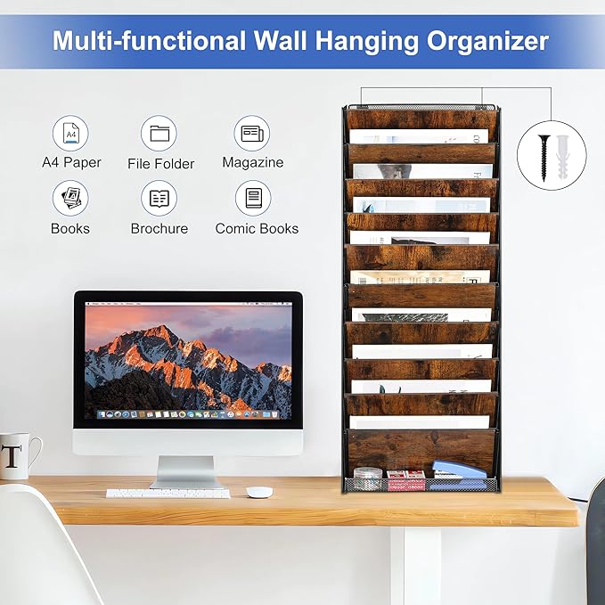 TQVAI 10-Tier Hanging Wall File Organizer - Folding Wall Mounted Mail Document Holder, Metal Clipboard Storage Rack for Office, Homeschool, Classroom Organization, Black/Vintage