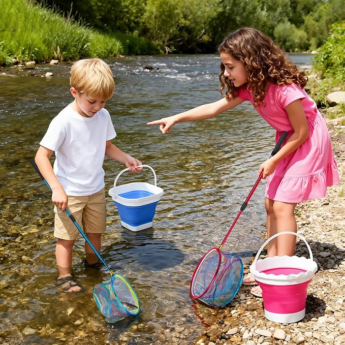 2PCS Telescoping Kids Fishing Net with Handle and Collapsible Bucket Kits-with Lightweight Aluminum Pole,Suitable for Catching and Releasing Fish,Minnow,Crabs,Butterfly,Frogs or Small Animals Outdoor