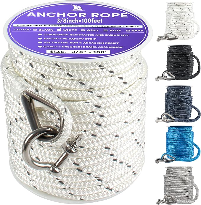 Anchor Rope 100 ft x 3/8 inch White, Double Braided Anchor Line with Stainless Steel Thimble & Shackle, Boat Rope with Reflective Strip Ideal for Towing,Mooring,Anchoring,for Boats Up to 27'