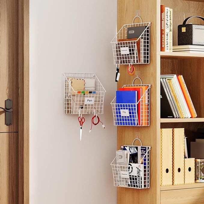 Wall File Organizer Metal Hanging File Organizer,Wall Mount File Holder, Magazine Rack and Mail Holder with Hooks for Home Office, 4 Packs, White(Patent Pending)