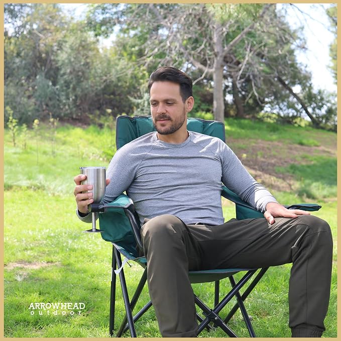 ARROWHEAD OUTDOOR Portable Deluxe Folding Camp Quad Chair w/Headrest, Glass & Cup Holders, Armest 6-can Cooler, Heavy Duty Carry Bag, 550 lbs Weight Capacity