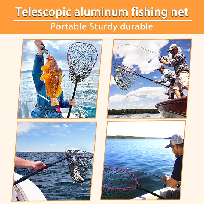 Telescoping Metal Lock Fishing Net with Handle Red Green 64" 52" Rubber Fish Net - Adjustable Length Lightweight Foldable Large Big Collapsible Extendable Fishing Net