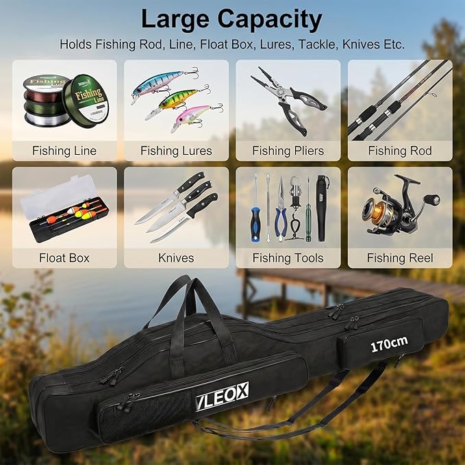 3 Layers Fishing Pole Bag, Fishing Rod Case, Portable Folding Fishing Rod Case Fishing Pole Reel Storage Bag Fishing Gears Organizer 190cm