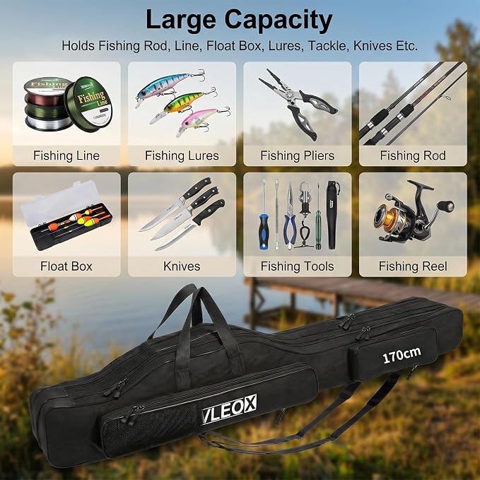 3 Layers Fishing Pole Bag, Fishing Rod Case, Portable Folding Fishing Rod Case Fishing Pole Reel Storage Bag Fishing Gears Organizer 170cm