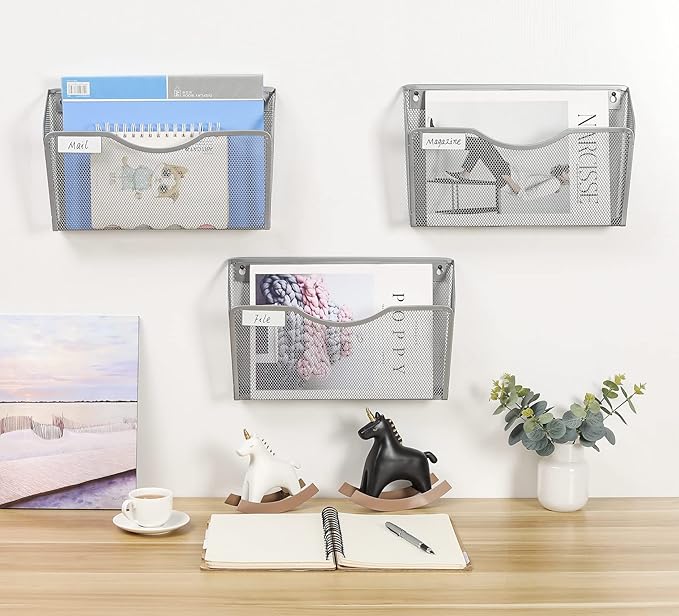 EasyPAG 3 Pack Wall File Organizer with Label Panel, Mesh Hanging File Folder Organizer for Letter/A4 Size Folders, Wall Mounted Vertical Mail Holder for Paperwork, Office, Home, School, Silver