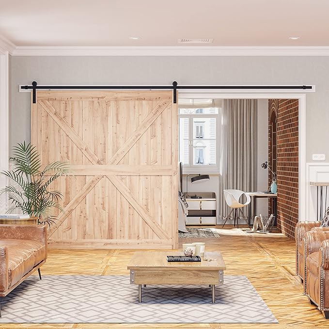 SMARTSTANDARD 12ft Barn Door Hardware Kit - Heavy Duty Sturdy, Quiet Sliding Track - Easy to Install, Fits 72" Wide Door Panel (I Shape Hanger)