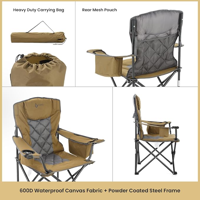 ARROWHEAD OUTDOOR 2-Pack Portable Deluxe Folding Camp Quad Chair w/Headrest, Glass & Cup Holders, Armest 6-can Cooler, Heavy Duty Carry Bag, 550 lbs Weight Capacity