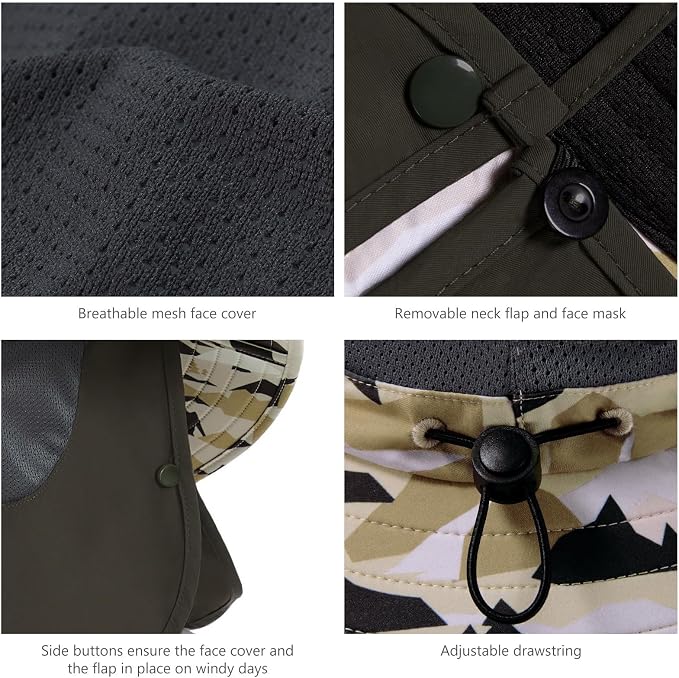 BASSDASH UPF 50+ Breathable Sun Hat with Removable Face Cover and Neck Flap Wide Brim Bucket Hat for Fishing Hiking Men Women