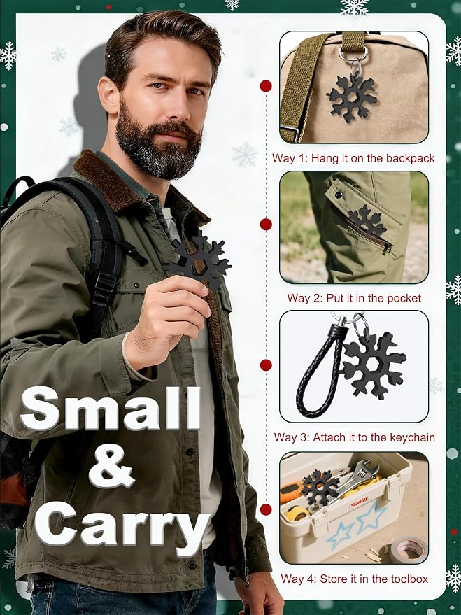 ZONICE 18-in-1 Snowflake Multi Tool – Stainless Steel with Bottle Opener & Wrench,Compact EDC Tool for Camping,Fishing,Hiking, Stocking Stuffers,Gifts for Men,Dad,Husband (Black)