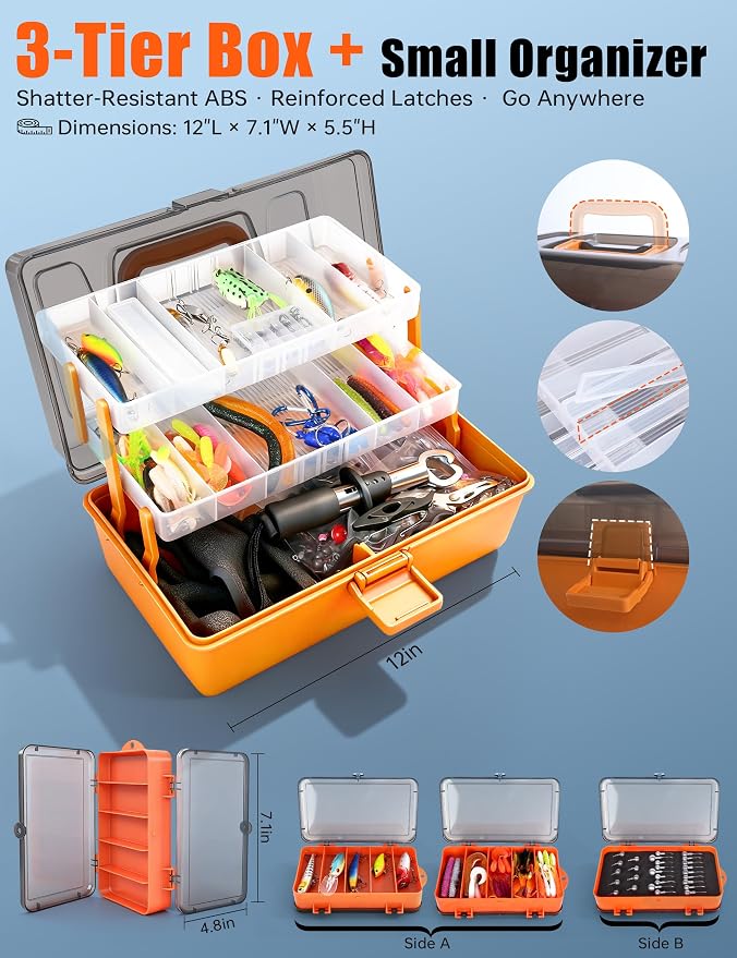 Large 3-Layer Tackle Box with Tackle Included, 417Pcs Fishing Lures Kit with Bonus Small 2-Sided Box & Gloves, Pliers, Crankbait, Hooks, Freshwater Bass Fishing Gear Gift for Men & Kids