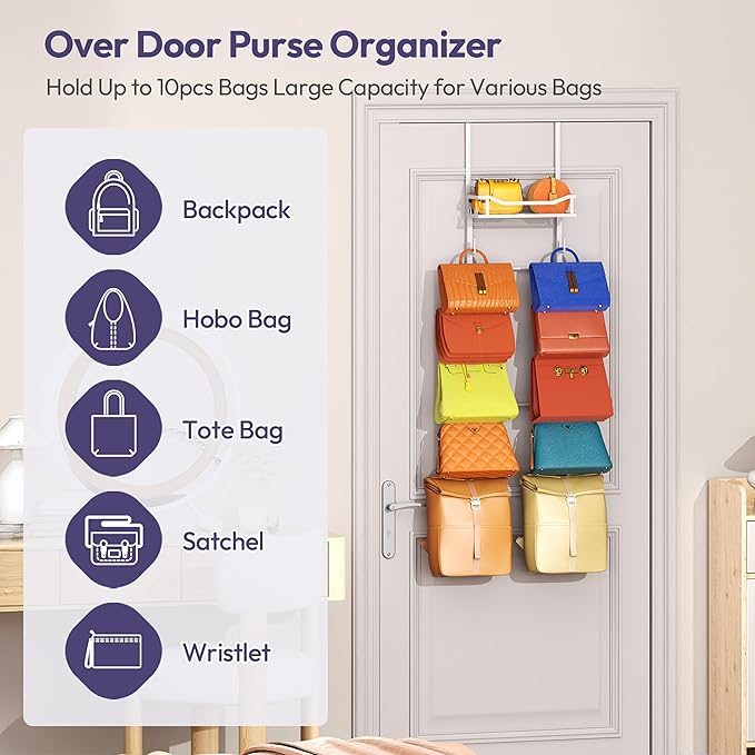 SWTYMIKI Over The Door Purse Organizer - Wall Mounted Purse Rack with 10 Hooks and Metal Basket, Handbag Hanger Organizer Holds up to 10 Bags, Bag Rack Can Use As 1/2 Part, for Door, Closet