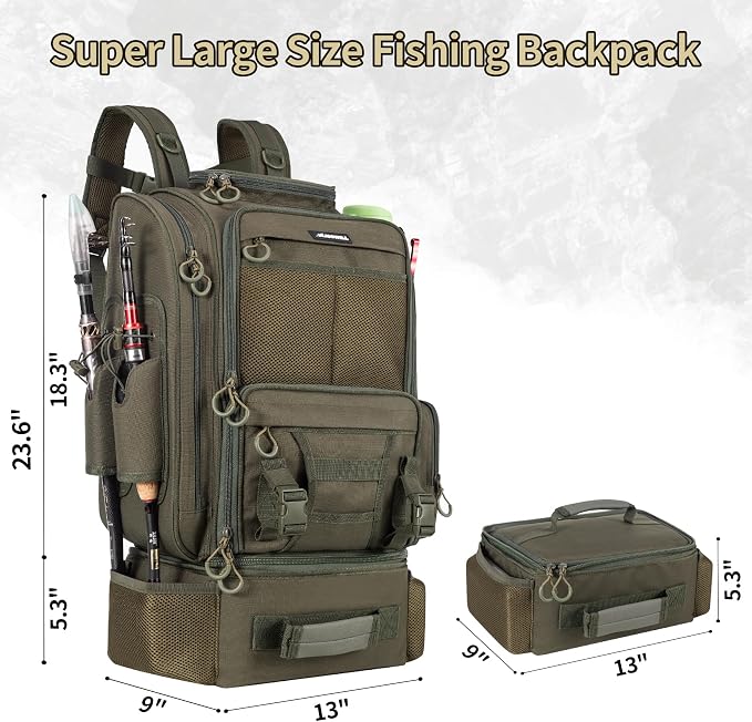 BLISSWILL Large Fishing Backpack with Cooler for 3 Tackle Boxes - Fishing Bag with Rod Holders for Camping and Hiking