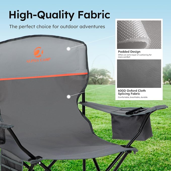 ALPHA CAMP 2-Pack Camping Chair with Cooler Bag, Heavy Duty 250lbs Capacity Folding Chair with Lumbar Support & Side Pocket, Portable Quad Chairs for Beach Fishing Tailgating & Sideline Sport
