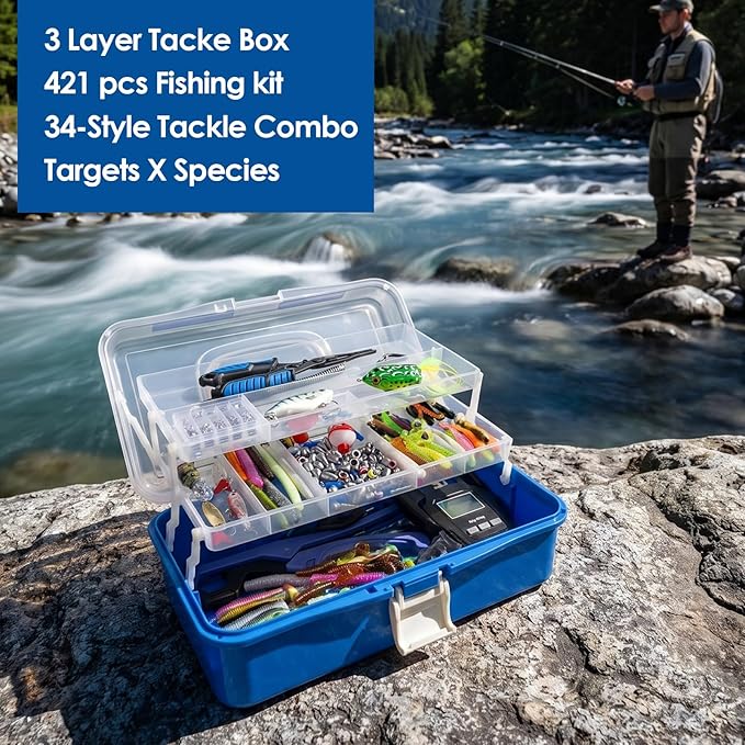 Fishing Lures Kit, 421PCS Tackle Box with Tackle Included, Fishing Pliers, Hooks, Soft Baits, Weights & Accessories - Complete Freshwater Bass Fishing Gear Kit for Men with Gift(Blue)