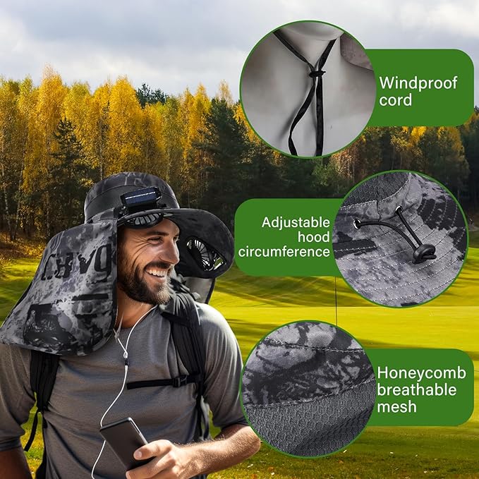 Chuarry Wide Brim Sun Hat with 2 Solar Fans and Neck Flap Outdoor Solar Powered USB Charging Bucket Fishing Hat for Men Women