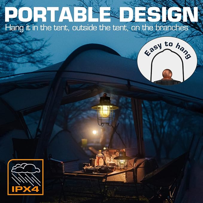 EverBrite LED Camping Lantern Pack of 2, USB C Rechargeable Lantern with 3 Light Modes, Vintage Outdoor Lanterns with Power Bank Function for Power Outages, Hurricane, Emergency, Fishing