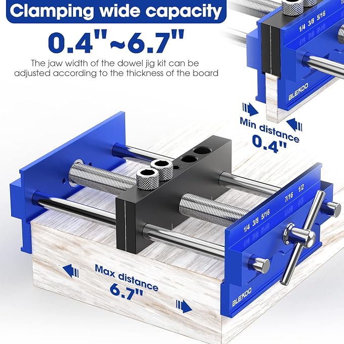 BLEKOO Upgraded 6.7 inch Self Centering Doweling Jig Kit, Drill Jig For Straight Holes Biscuit Joiner Set With 6 Drill Guide Bushings, Adjustable Width Drilling Guide Power Tool Accessory Jigs (Blue)