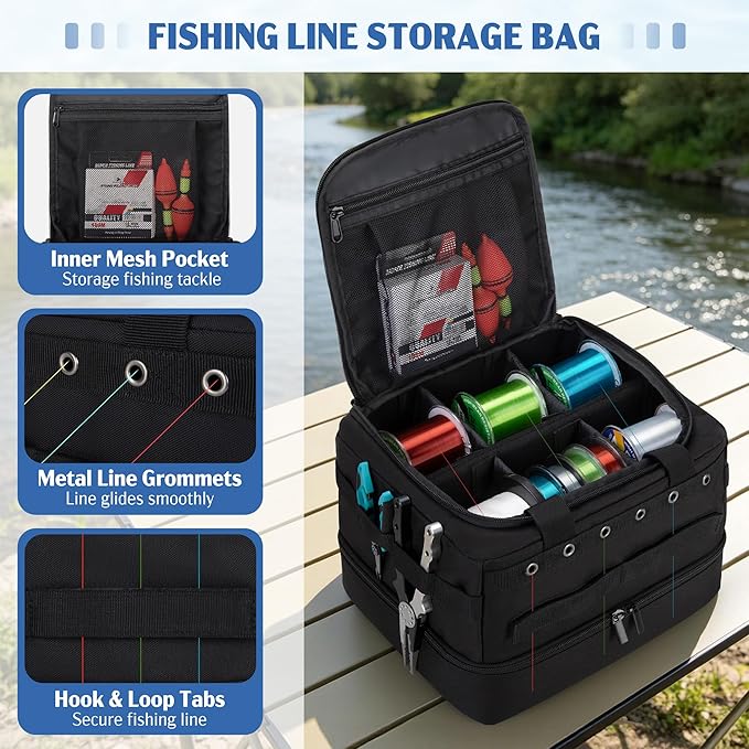 HODRANT Double-layer Fishing Line Storage Bag, Line & Reel Management Case with 5 Removable Dividers & 6 Grommets, Tackle Gear Organizer Tangle-Free Leader Spool Dispenser for Travel & Kayak, Bag Only