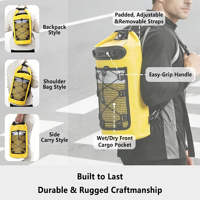 SHENDU 20L Waterproof Dry Bag - Roll-Top Backpack w/Waterproof Phone Case for Kayaking, Hiking, Camping, Boating, Beach Unisex (Yellow)