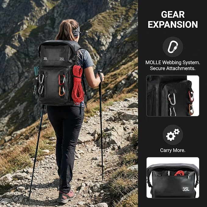 Greencity 100% Waterproof Roll-Top Dry Bag Backpack with Front Splash-Proof Pocket, Lightweight Floating Pack for Kayaking, Hiking & Travel,35L (Black)