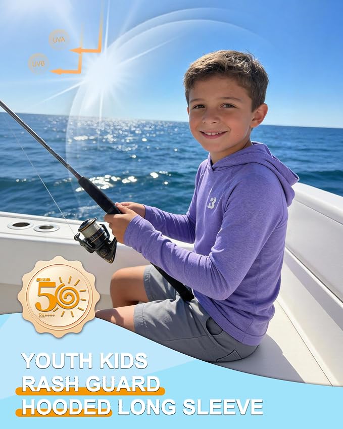 Roadbox Boys Rash Guard Hooded Fishing Shirt, Kids UPF 50+ Long Sleeve Sun Hoodie, Youth UV Protection Beach Swim Shirts