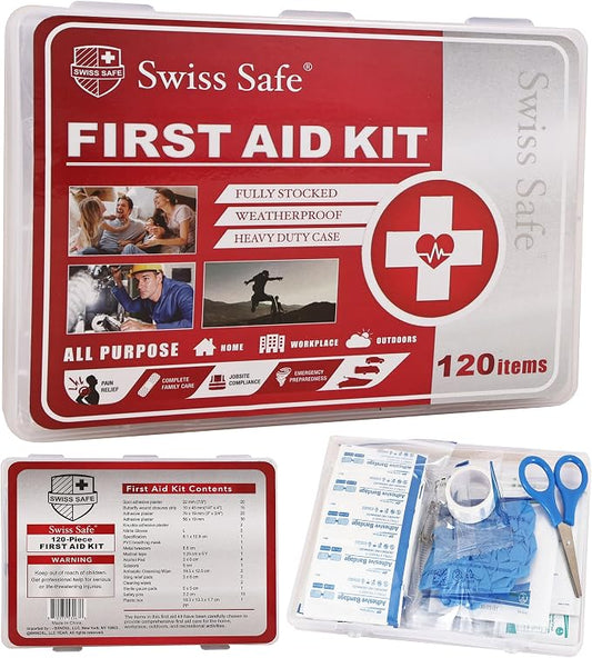 Swiss Safe Mini First Aid Kit – 120 Pcs Compact Hard Shell Medical Kit for Home, Car, Travel, Camping, Hiking, Sports, Office & Outdoor Emergencies, Small Hardcase FAK
