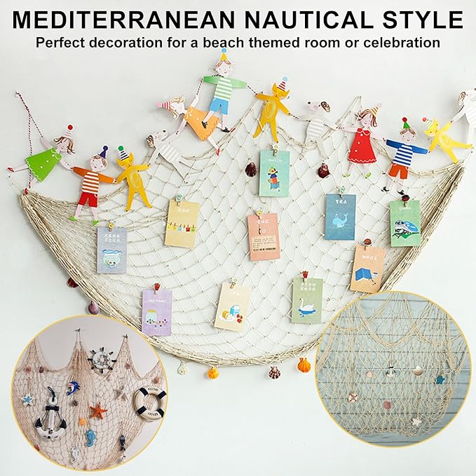 2 PCS Fish Net Decorations with Shells 80 x 40 Inch Ocean Themed Party Decor Beach Nautical Wall Hanging Fishing Net for Coastal Bedroom Bathroom or Under The Sea Party Decorations (Beige-with shells)