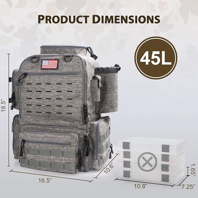 Fishing Backpack, Fishing Tackle Backpack with Rod Holders for 4 Boxes (Box Not Included) 45L Waterproof Fishing Gear, Ideal for Men and Women Tackle Box Bag (Storm Gray)