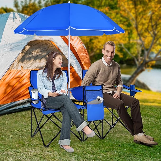 Tangkula Double Camping Chairs with Umbrella, Portable 2 Seat Folding Camp Chair with Cooler Bag, Beverage Holder, Carrying Bag, Foldable Lawn Chair for Outside, Fishing, Picnic, Beach