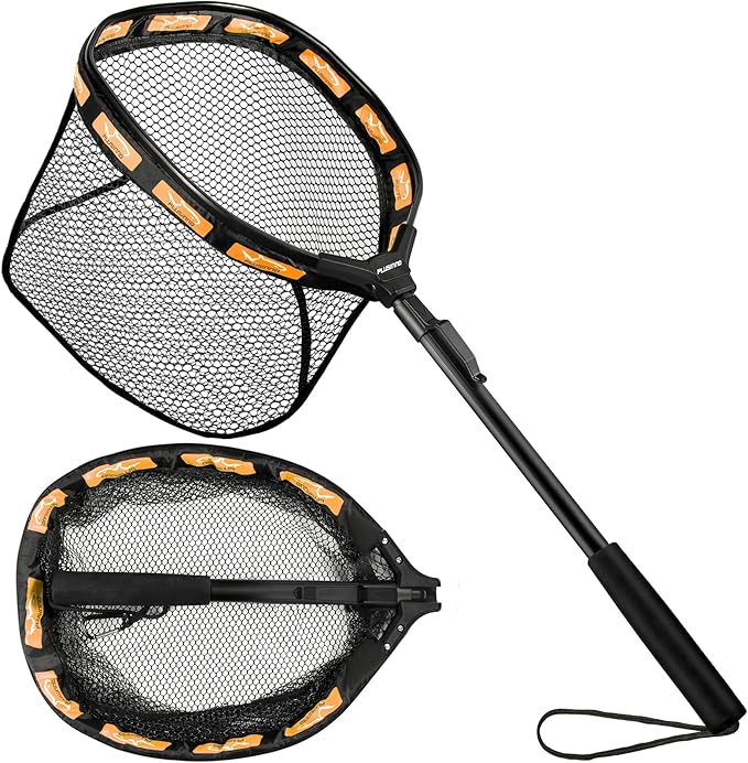 PLUSINNO Fishing Net Fish Floating Landing Net, Kayak Nets with Fixed Foldable Telescopic Pole Handle, Bass Trout Fishing Nets with Nylon Mesh for Pond Lake River, Fishing Gear Gifts for Men Anglers