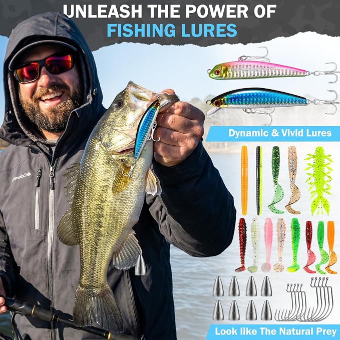 PLUSINNO Fishing Backpack with Fishing Gear Fishing Net, Waterproof Tackle Backpack with Rod Holders, Tackle Box, Lures, Tools, Pliers & Accessories, Fish Gifts for Men