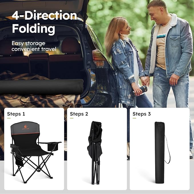 ALPHA CAMP 2-Pack Camping Chair with Cooler Bag, Heavy Duty 250lbs Capacity Folding Chair with Lumbar Support & Side Pocket, Portable Quad Chairs for Beach Fishing Tailgating & Sideline Sport