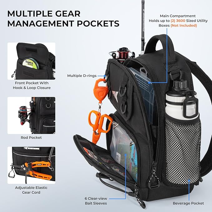 KastKing BaitSpace Fishing Sling Bag, Fishing Backpack with Rod & Beverage Holder, Tackle Bag for Fishing Gear
