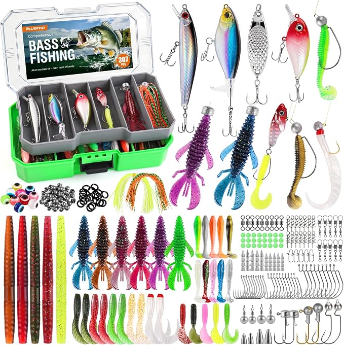 PLUSINNO Bass Fishing Lures - 307PCS Professional Bass Fishing Kit with 6 Pre-Rigged Rigs, All Water Depths Fishing Tackle Box Kit, Fishing Gear Lure Kit Gift for Men Freshwater Bass Trout Walleye
