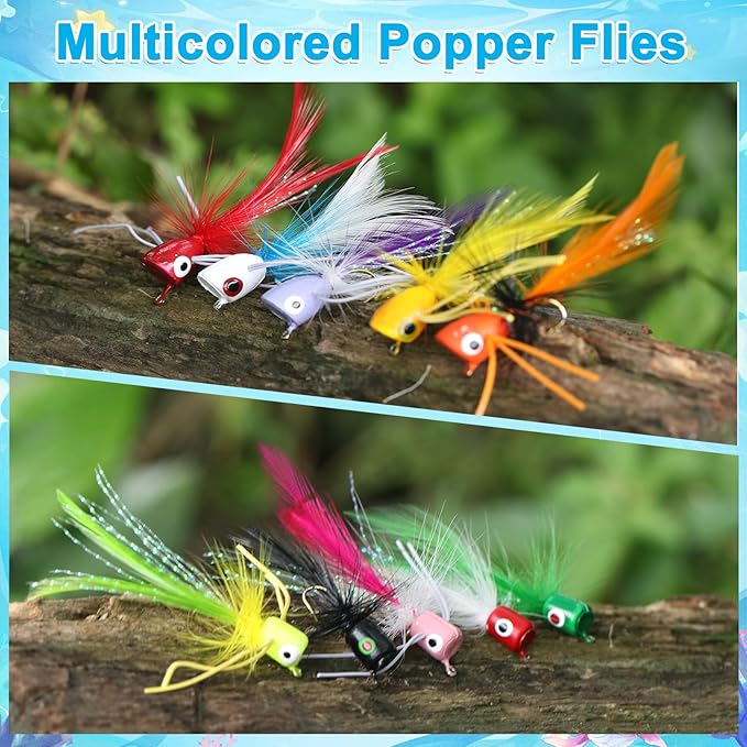 Fly Fishing Poppers Flies, Fly Popper Lures Bass Bluegill Crappie Trout Salmon Panfish Perch Popper Flies Kit for Fly Fishing