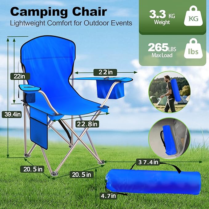 VTOY Folding Camping Chairs Durable 600D Oxford, Portable Outdoor Chair with Cooler Pouch, Cup Holder & Storage Pocket for Camping, Beach, Fishing