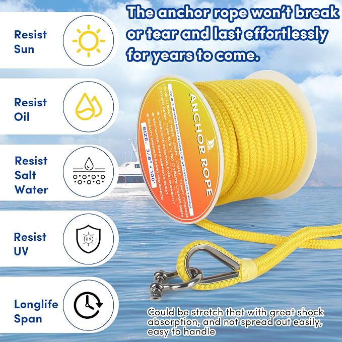 Boat Anchor Rope 100 ft x 3/8 inch Yellow, Double Braided Anchor Line with Stainless Steel Thimble & Shackle, Marine Rope Ideal for Towing,Mooring,Decks,Anchoring,for Boats Up to 27'